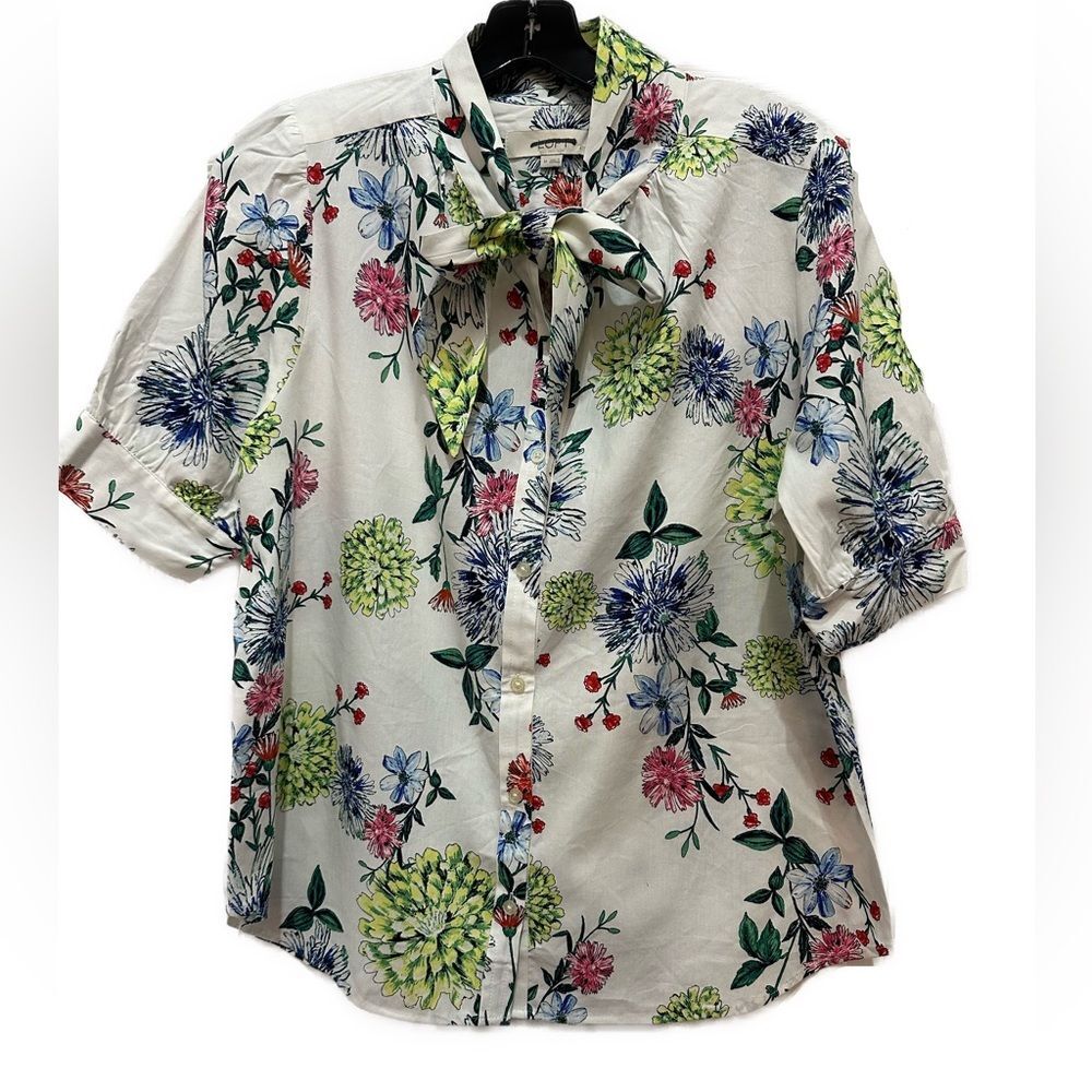 NWOT Loft White Floral Top with Tie Neck Size M